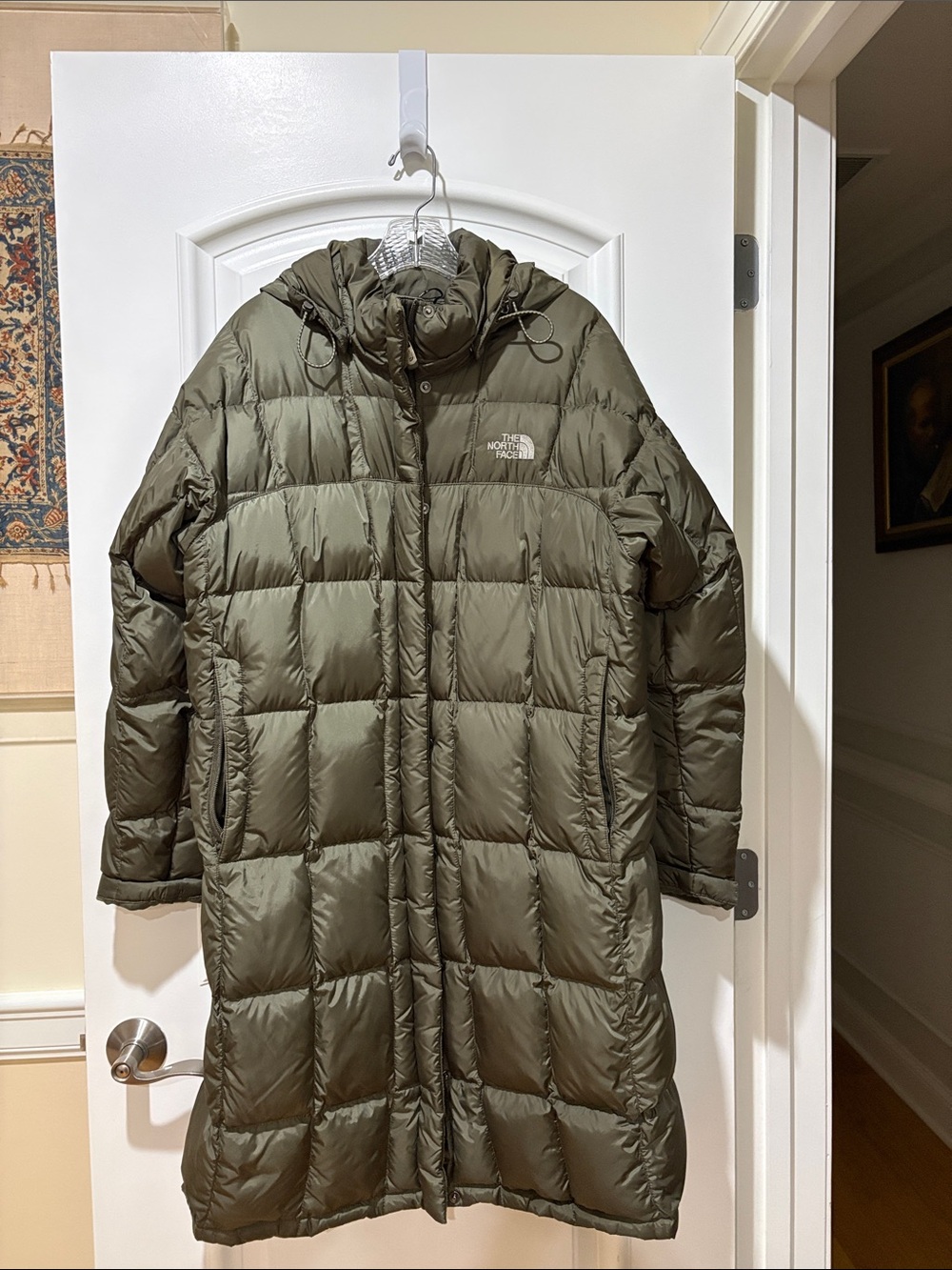 The North Face Women's Olive Green Long Down Puffer Coat with Hood